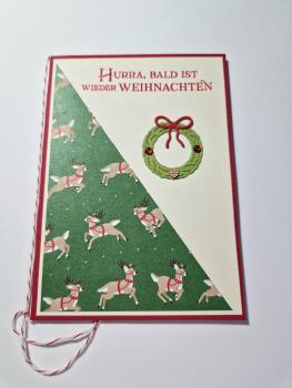 Weihnachtskarte - springende Rentiere - Text Hurra, bald ist wieder Weihnachten/Frohe Festtage -